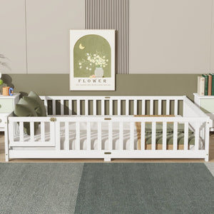 English Elm Queen Rubber Wood Floor Bed with Full Perimeter Safety Fence and Hinged Access Door White W504P429340