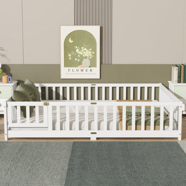 English Elm Queen Rubber Wood Floor Bed with Full Perimeter Safety Fence and Hinged Access Door White W504P429340
