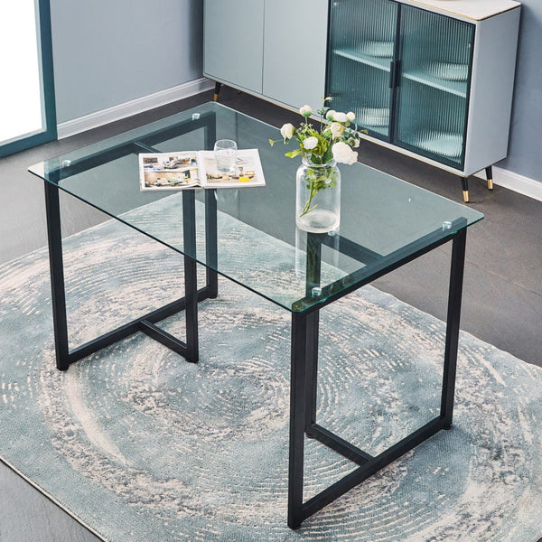 HomeRoots 47" Clear Glass Dining Table with Black Metal Base – Modern, Sleek Design for Stylish Spaces 568208
