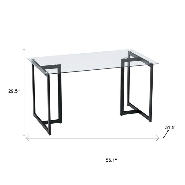 HomeRoots 55" Modern Clear and Black Glass Dining Table - Elegant Design for Dining, Work, and Gatherings 568209