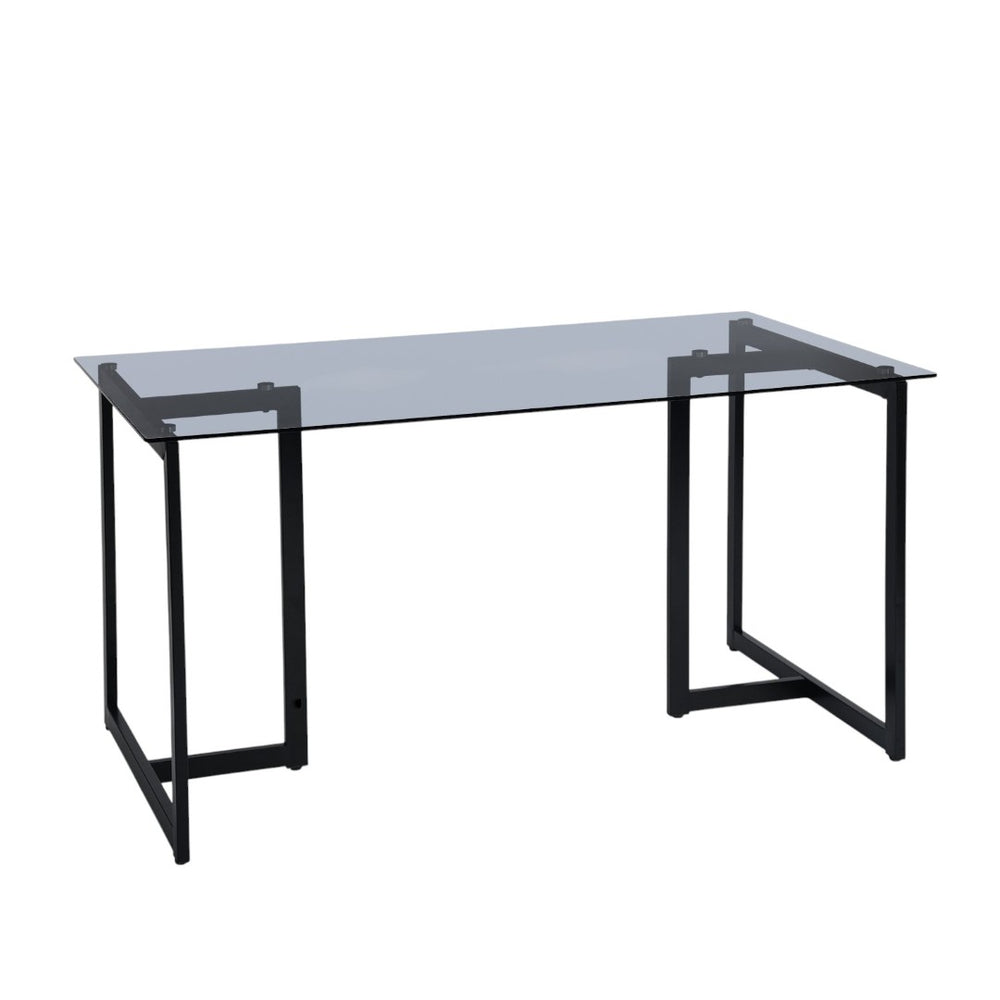 HomeRoots 55" Smoky Gray Glass Dining Table with Black Metal Sled Base - Modern Elegance for Any Space 568211