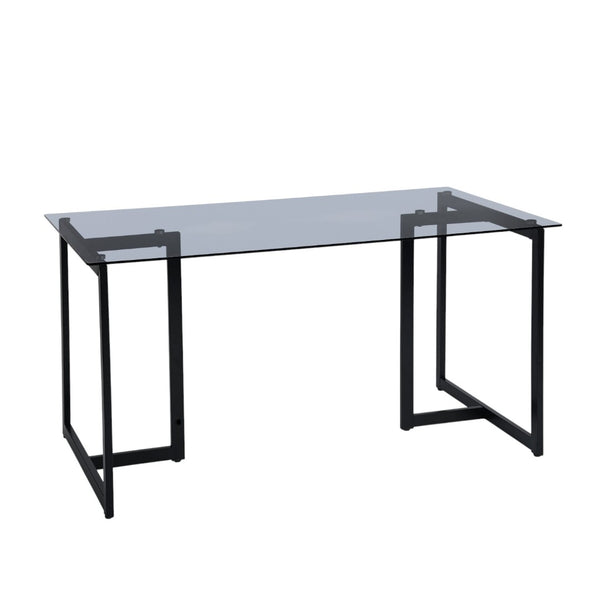 HomeRoots 55" Smoky Gray Glass Dining Table with Black Metal Sled Base - Modern Elegance for Any Space 568211