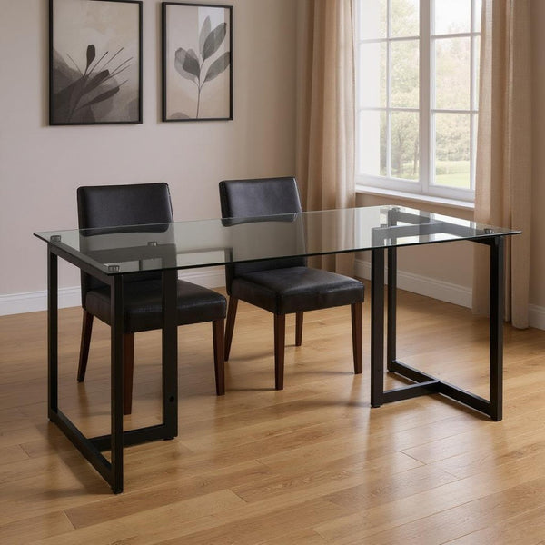HomeRoots 55" Smoky Gray Glass Dining Table with Black Metal Sled Base - Modern Elegance for Any Space 568211