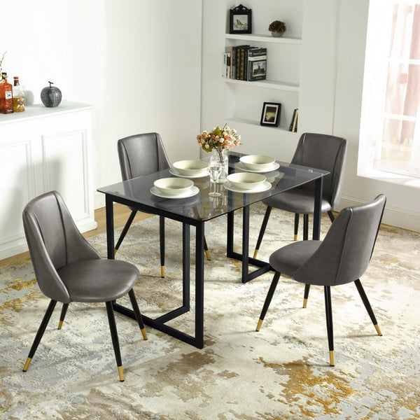 HomeRoots 55" Smoky Gray Glass Dining Table with Black Metal Sled Base - Modern Elegance for Any Space 568211