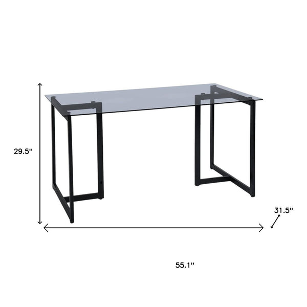 HomeRoots 55" Smoky Gray Glass Dining Table with Black Metal Sled Base - Modern Elegance for Any Space 568211