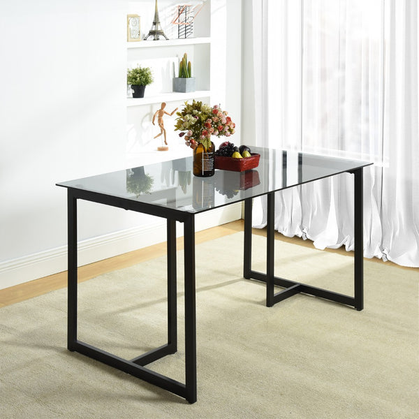 HomeRoots 55" Smoky Gray Glass Dining Table with Black Metal Sled Base - Modern Elegance for Any Space 568211