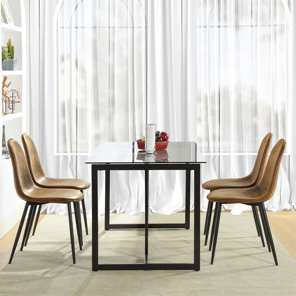 HomeRoots 55" Smoky Gray Glass Dining Table with Black Metal Sled Base - Modern Elegance for Any Space 568211