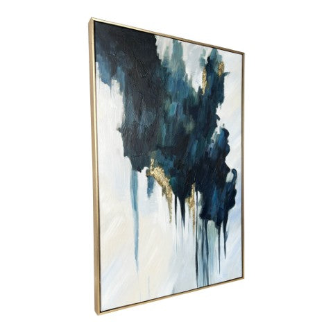 Homeroots Turquoise Modern Abstract Hand-painted Wall Art In Gold Floater Frame – Stylish Home Decor 36"X24"  Canvas,Metal,Wood 568223
