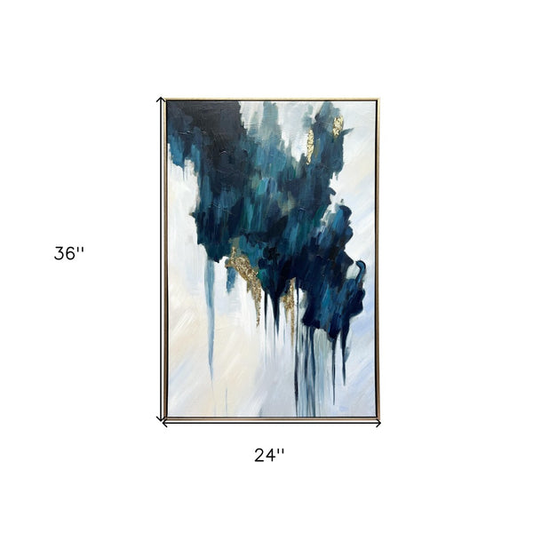 Homeroots Turquoise Modern Abstract Hand-painted Wall Art In Gold Floater Frame – Stylish Home Decor 36"X24"  Canvas,Metal,Wood 568223