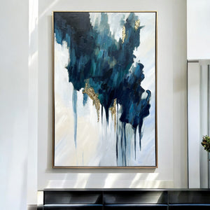 Homeroots Turquoise Modern Abstract Hand-painted Wall Art In Gold Floater Frame – Stylish Home Decor 36"X24"  Canvas,Metal,Wood 568223