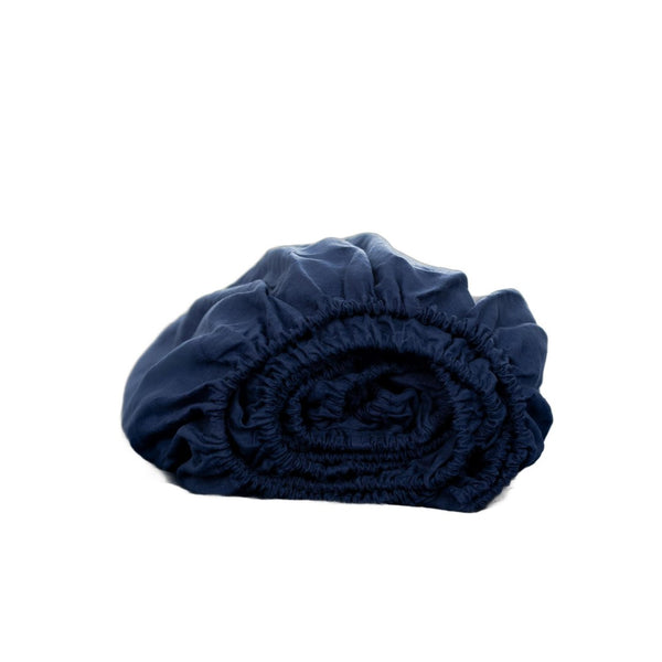 HomeRoots Navy Blue Linen Queen Fitted Sheet - Luxurious Comfort, Breathable Design for Restorative Sleep 568229