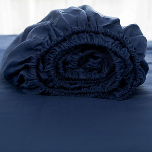 HomeRoots Navy Blue Linen King Fitted Sheet - Luxurious, Soft, Breathable Comfort for Year-Round Relaxation 568230
