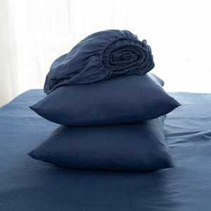 HomeRoots Four Piece Navy Blue Linen Queen Sheet Set - Luxurious, Breathable, Durable, Soft & Elegant Bedding 568234