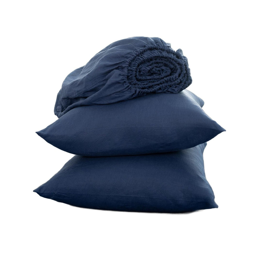 HomeRoots Four Piece Navy Blue Linen Queen Sheet Set - Luxurious, Breathable, Durable, Soft & Elegant Bedding 568234