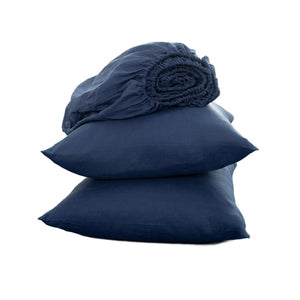 HomeRoots Four Piece Navy Blue Linen Queen Sheet Set - Luxurious, Breathable, Durable, Soft & Elegant Bedding 568234