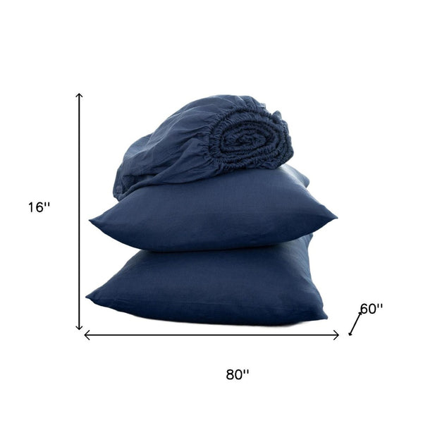 HomeRoots Four Piece Navy Blue Linen Queen Sheet Set - Luxurious, Breathable, Durable, Soft & Elegant Bedding 568234