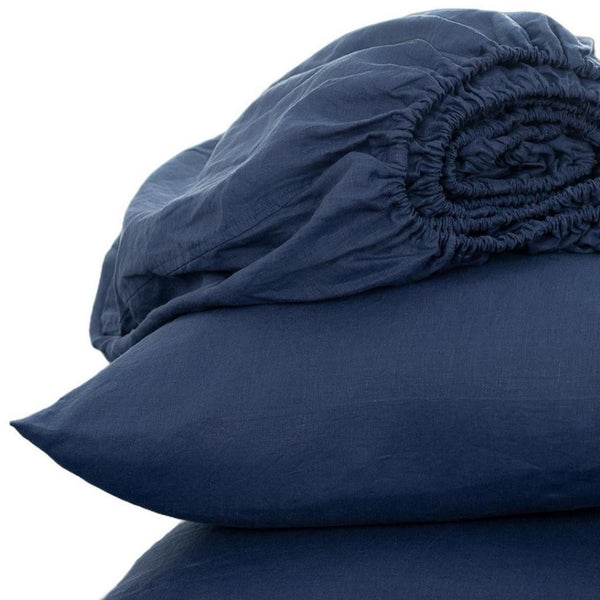 HomeRoots Four Piece Navy Blue Linen Queen Sheet Set - Luxurious, Breathable, Durable, Soft & Elegant Bedding 568234