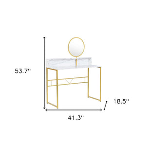 Homeroots 41" Elegant White And Gold Faux Marble Vanity Table With Adjustable Mirror For Chic Bedrooms   568240