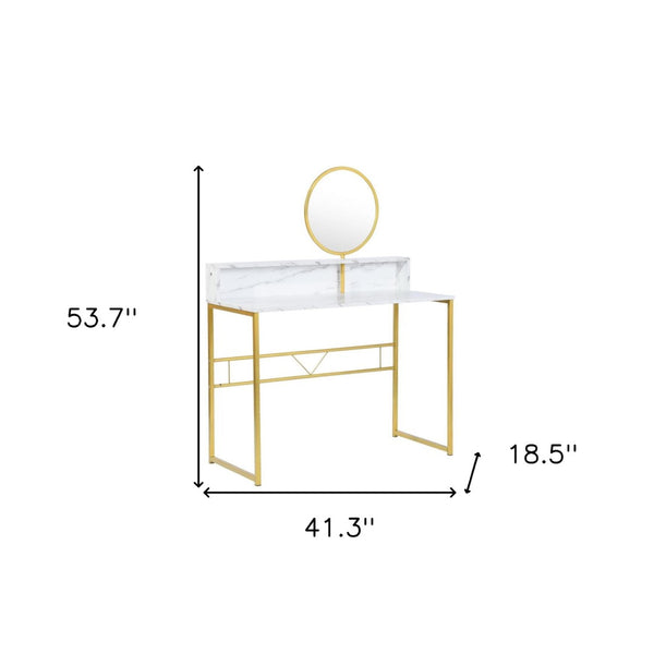 Homeroots 41" Elegant White And Gold Faux Marble Vanity Table With Adjustable Mirror For Chic Bedrooms   568240