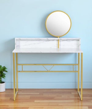 Homeroots 41" Elegant White And Gold Faux Marble Vanity Table With Adjustable Mirror For Chic Bedrooms   568240