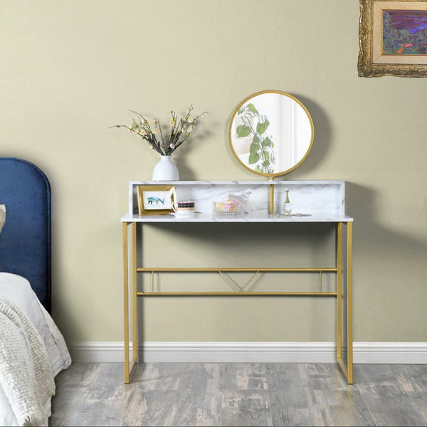 Homeroots 41" Elegant White And Gold Faux Marble Vanity Table With Adjustable Mirror For Chic Bedrooms   568240