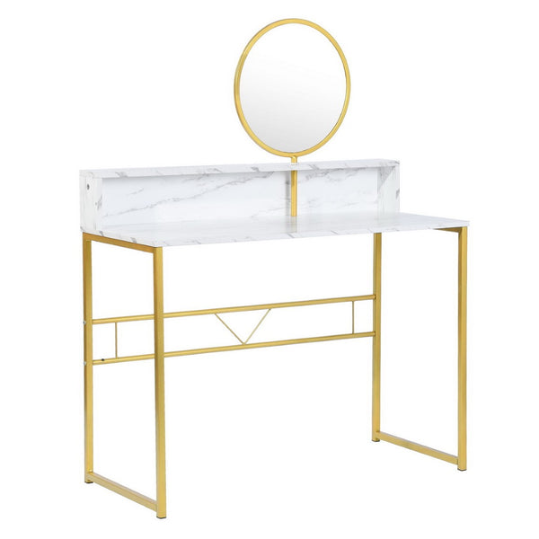 HomeRoots 41" Chic White and Gold Faux Marble Vanity Table with Adjustable Mirror for Elegant Spaces 568240
