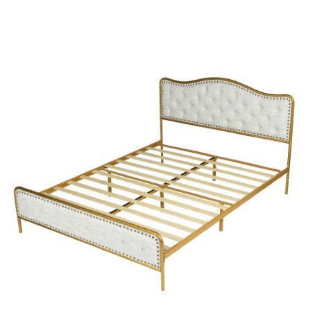 Homeroots Gold Tufted Upholstery Queen Bed Frame With Nailhead Trim - Elegant Metal Design For Dreamy Retreat  Metal 568242