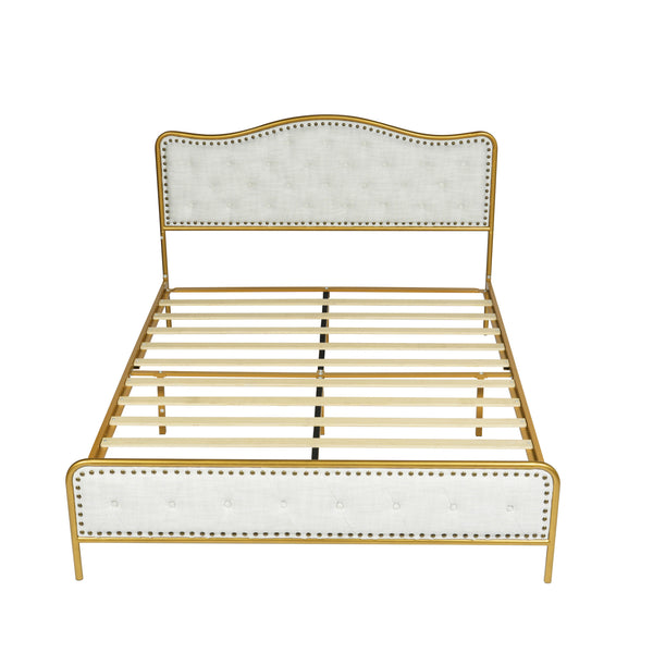 Homeroots Gold Tufted Upholstery Queen Bed Frame With Nailhead Trim - Elegant Metal Design For Dreamy Retreat  Metal 568242