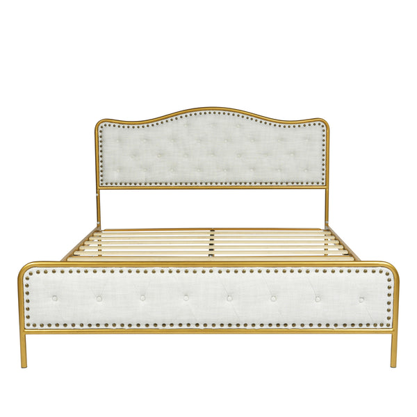 Homeroots Gold Tufted Upholstery Queen Bed Frame With Nailhead Trim - Elegant Metal Design For Dreamy Retreat  Metal 568242