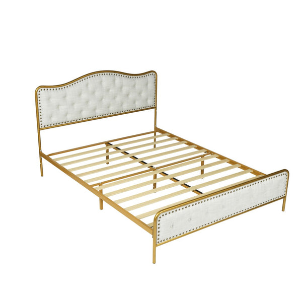 Homeroots Gold Tufted Upholstery Queen Bed Frame With Nailhead Trim - Elegant Metal Design For Dreamy Retreat  Metal 568242
