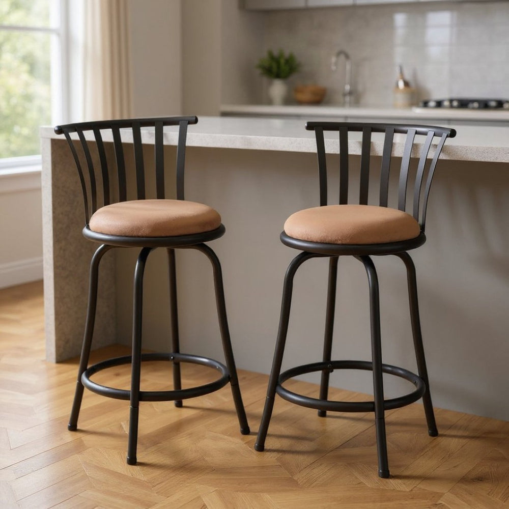 HomeRoots Set of Two Stylish 24" Brown Microfiber Swivel Bar Chairs with Black Metal Base for Modern Spaces 568247