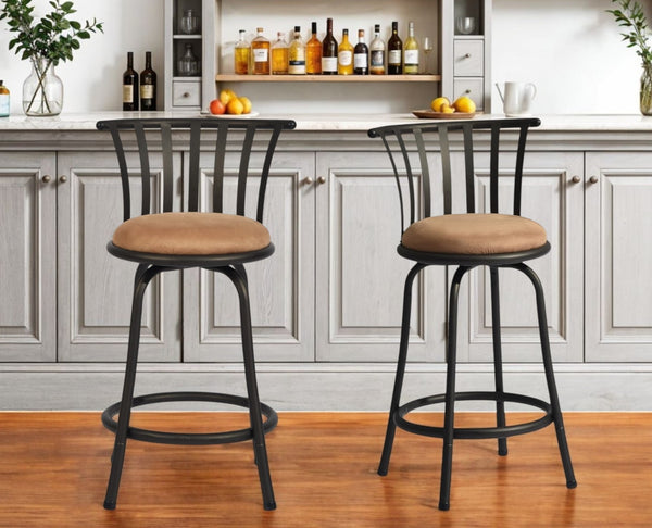 Homeroots Set Of Two 24" Brown And Black Microfiber And Metal Low Back Counter Height Swivel Bar Chairs   568247