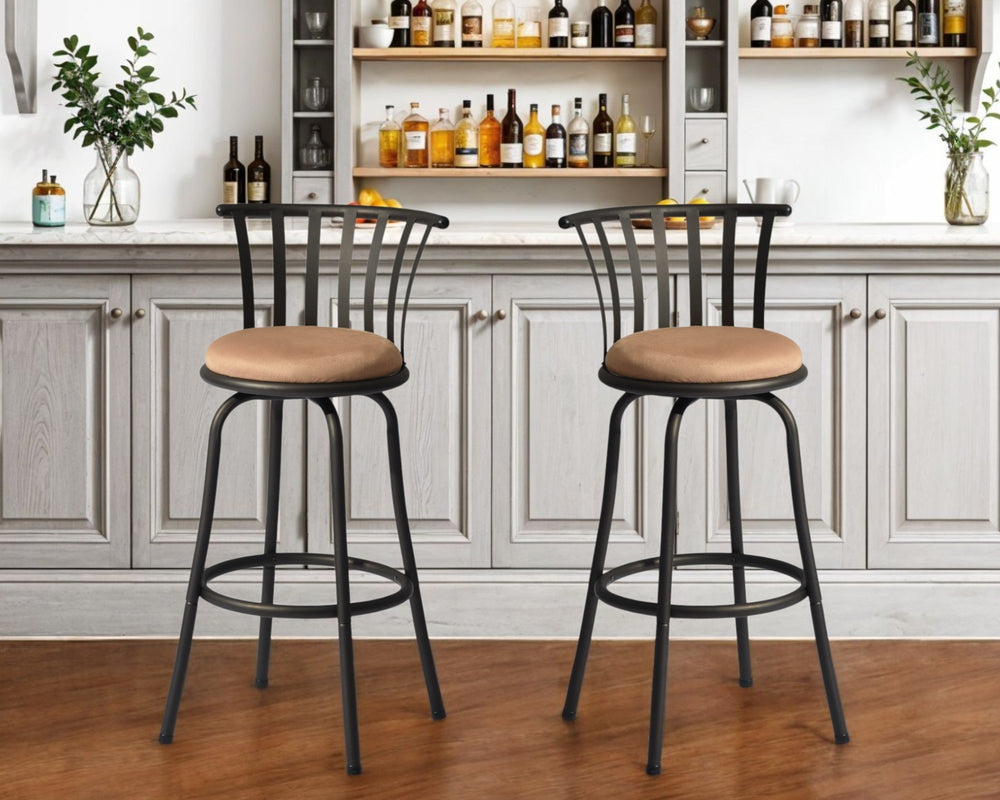 Homeroots Set Of Two 29" Brown And Black Microfiber And Metal Low Back Bar Height Swivel Bar Chairs   568248