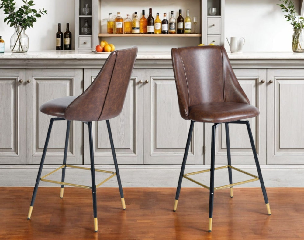 Homeroots Set Of Two 26" Brown Black And Gold Faux Leather And Metal Counter Height Swivel Bar Chairs   568249