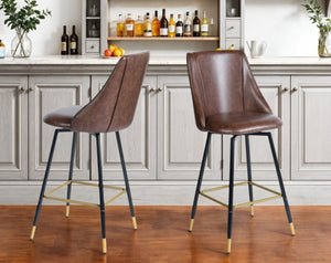 Homeroots Set Of Two 26" Brown Black And Gold Faux Leather And Metal Counter Height Swivel Bar Chairs   568249