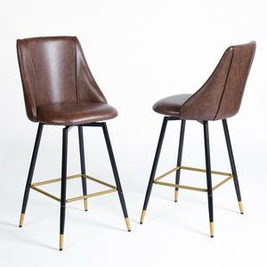 Homeroots Set Of Two 26" Brown Black And Gold Faux Leather And Metal Counter Height Swivel Bar Chairs   568249
