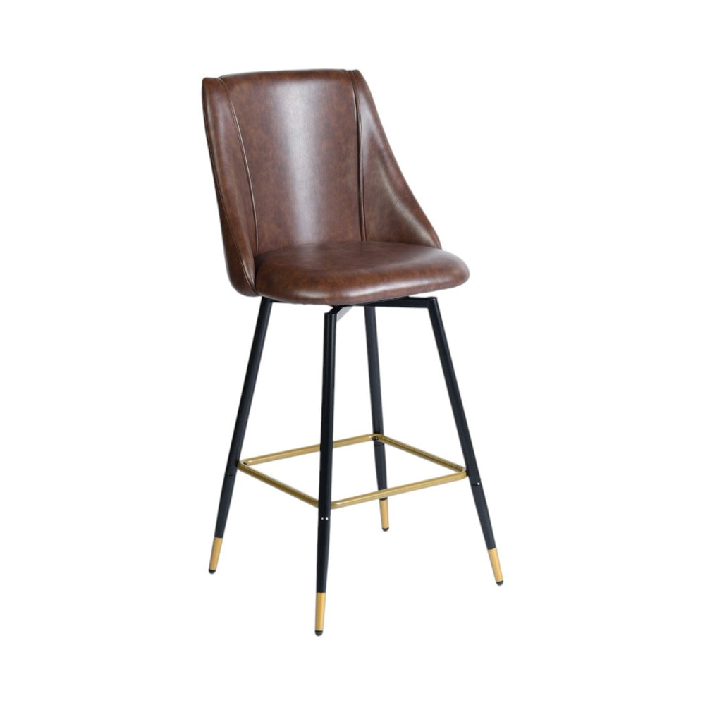 HomeRoots Set of Two 26" Stylish Brown Faux Leather & Black-Gold Metal Swivel Bar Chairs for Home Bars 568249