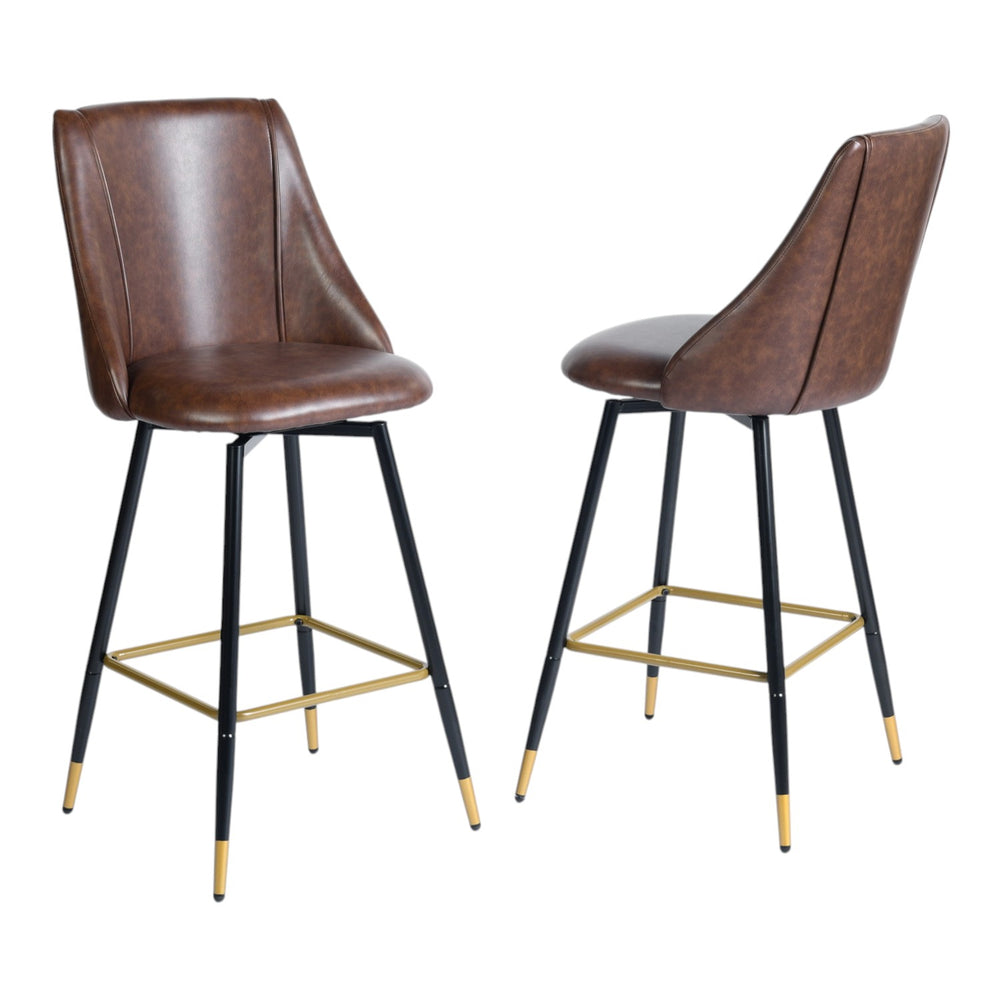 Homeroots Set Of Two 26" Brown Black And Gold Faux Leather And Metal Counter Height Swivel Bar Chairs   568249