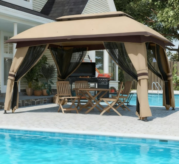 English Elm Large Vented Two-tier Patio Gazebo with Mesh Netting Steel Frame Backyard Shelter Beige T3971P425969