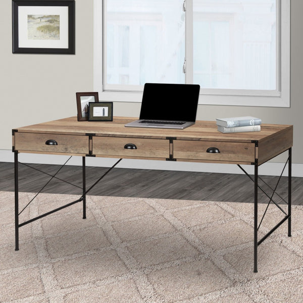 HomeRoots 59" Oak Wood Wall-Mounted H-Shape Writing Desk with 3 Drawers for Functional Home Office Elegance 568258