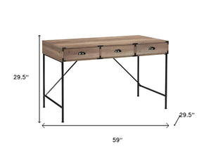HomeRoots 59" Oak Wood Wall-Mounted H-Shape Writing Desk with 3 Drawers for Functional Home Office Elegance 568258
