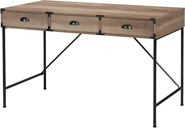 HomeRoots 59" Oak Wood Wall-Mounted H-Shape Writing Desk with 3 Drawers for Functional Home Office Elegance 568258