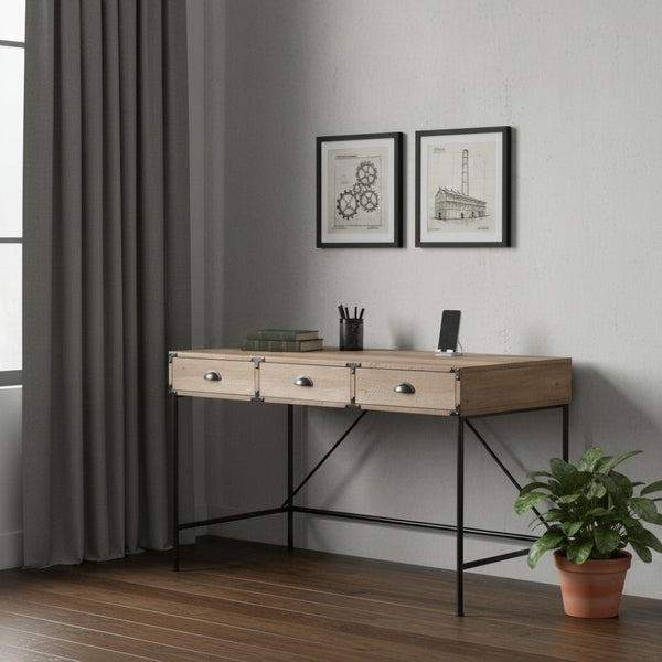 HomeRoots 59" Oak Wood Wall-Mounted H-Shape Writing Desk with 3 Drawers for Functional Home Office Elegance 568258