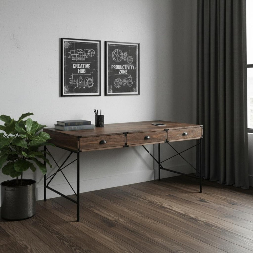 HomeRoots 59" Elegant Brown Wall-Mounted H-Shape Writing Desk with 3 Drawers for Home Office & Study 568259