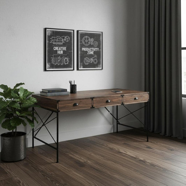 HomeRoots 59" Elegant Brown Wall-Mounted H-Shape Writing Desk with 3 Drawers for Home Office & Study 568259