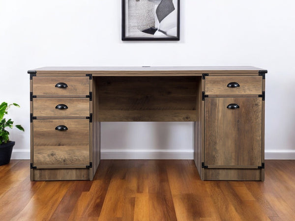 HomeRoots 59" Oak Wood Pedestal Desk with Four Drawers - Timeless Style & Ample Storage for Your Office 568260