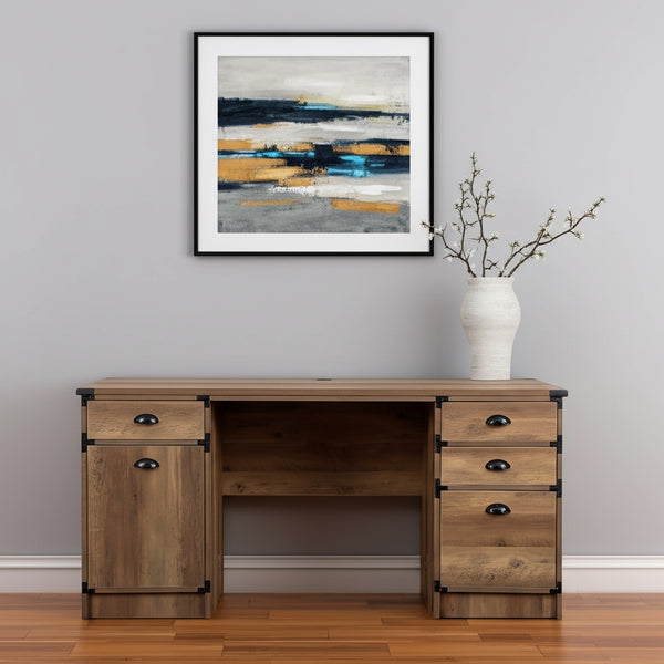 Homeroots 59" Oak Wood Pedestal Computer Desk With 4 Drawers - Elegant Storage For A Productive Workspace   568260