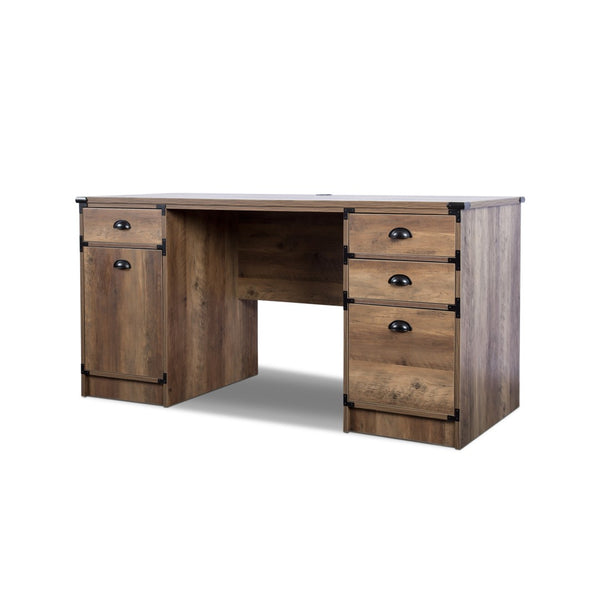 Homeroots 59" Oak Wood Pedestal Computer Desk With 4 Drawers - Elegant Storage For A Productive Workspace   568260