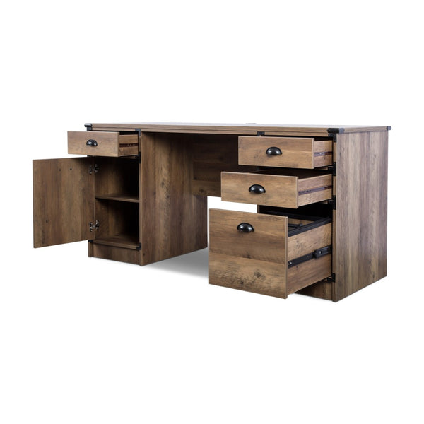 Homeroots 59" Oak Wood Pedestal Computer Desk With 4 Drawers - Elegant Storage For A Productive Workspace   568260