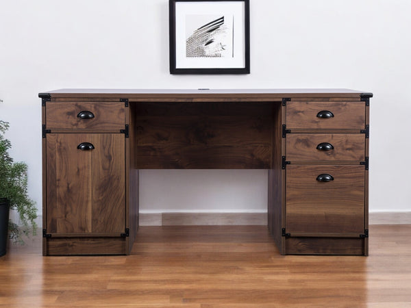 Homeroots 59" Walnut Wood Pedestal Computer Desk - Stylish Executive Design With 4 Drawers For Office Storage   568261